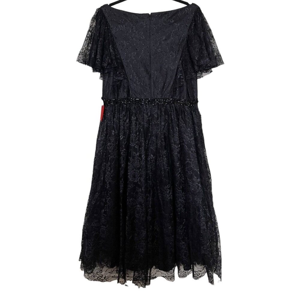 Mac Duggal Lace V-Neck Beaded Tea Length‎ Midi Cocktail Dress Black Size 14W - Picture 9 of 15